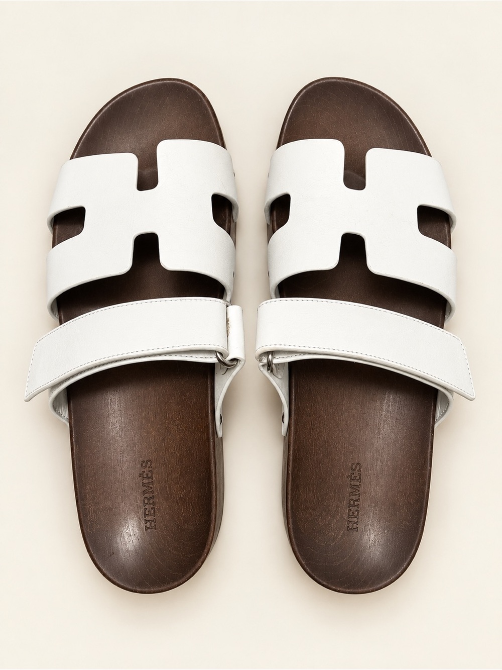 Hermes White H‑Cut Leather Slide Sandals
